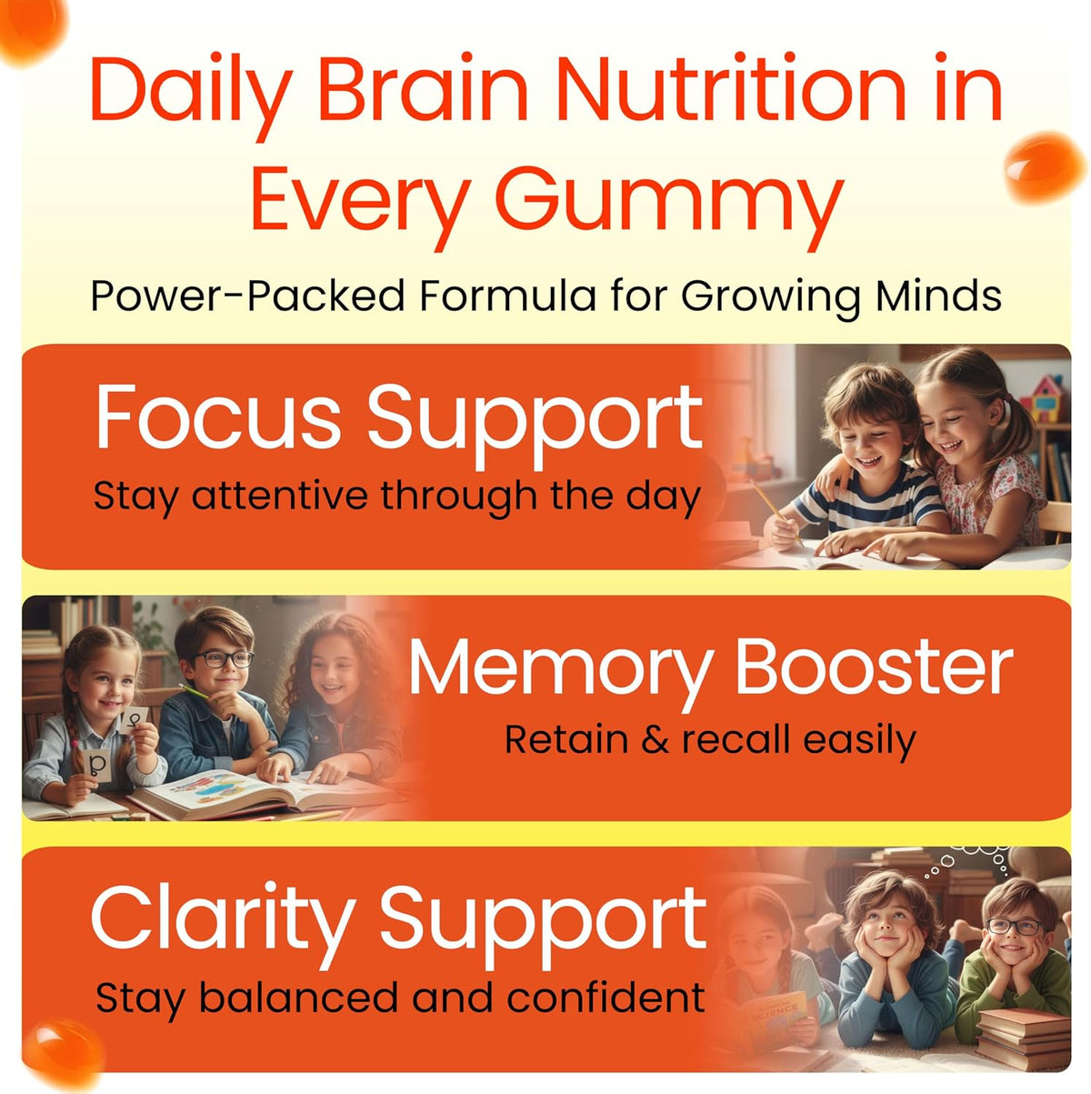 Real Focus Omega 3 for Kids – DHA Gummies for Attention, Memory & Concentration, Orange Flavour, Non-GMO (60 Count) - görsel 4