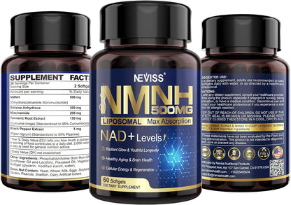 NEVISS NAD+ Supplement, Next-Gen NMNH Liposomal 500mg with Curcumin & Niacinamide – 60 Soft gel capsules