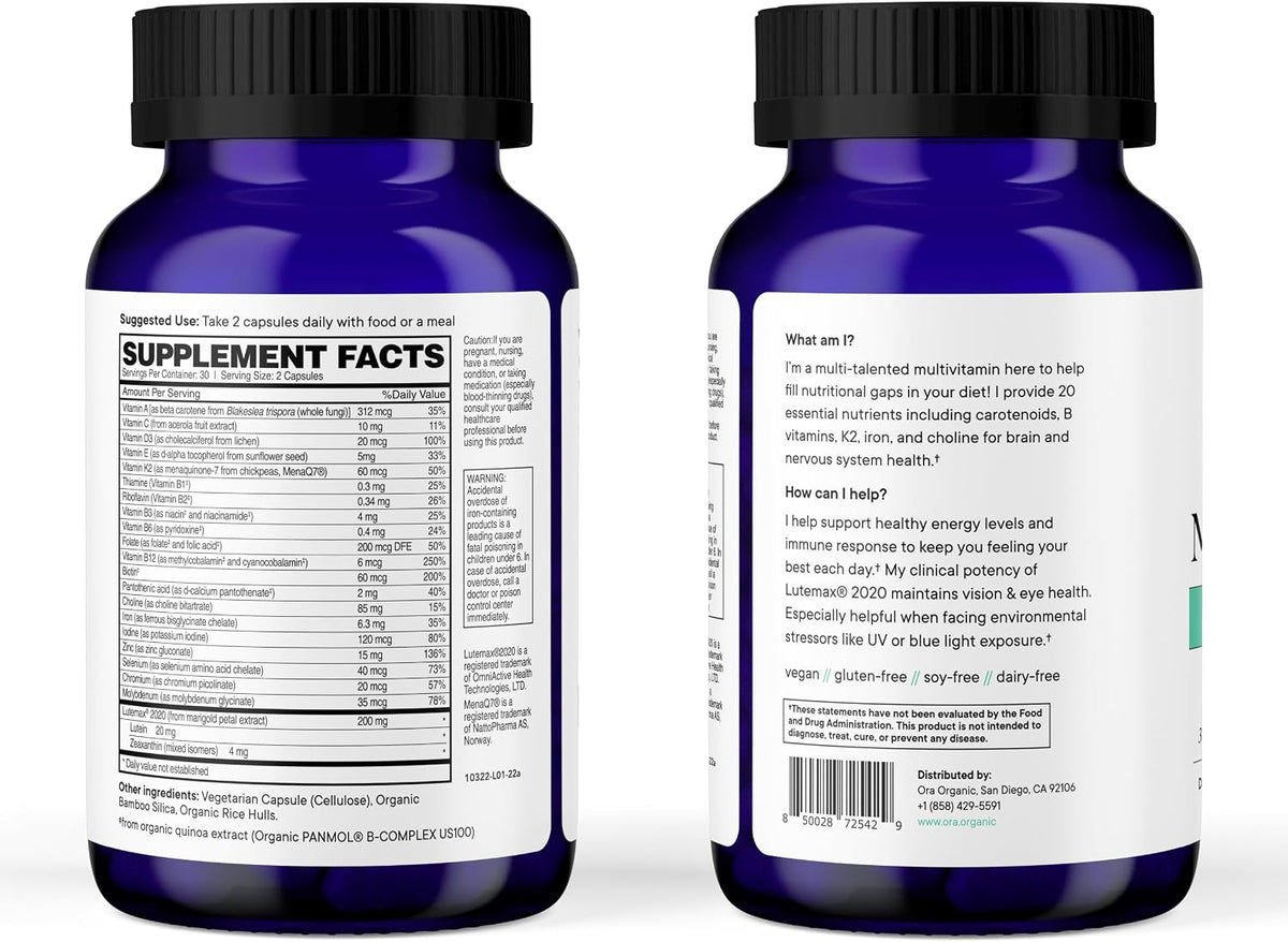 Ora Organic Plant-Based Multivitamin for Women and Men, Blue Light Protection, 60 Vegan Capsules - görsel 6