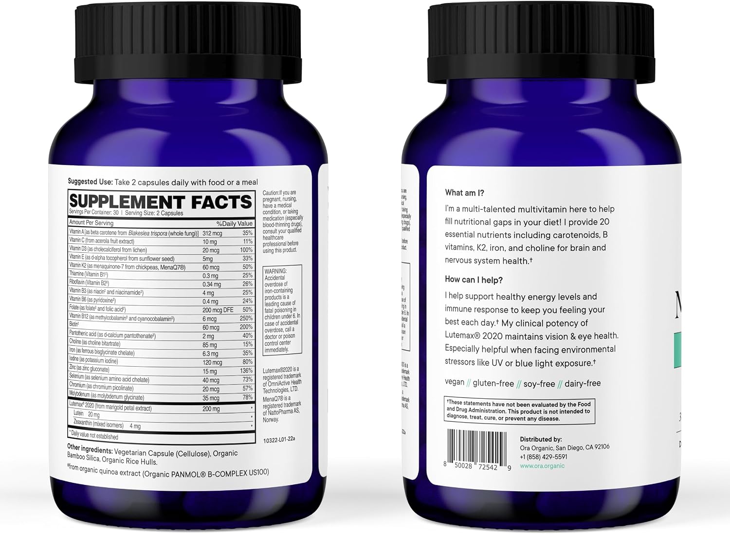 Ora Organic Plant-Based Multivitamin for Women and Men, Blue Light Protection, 60 Vegan Capsules - görsel 6