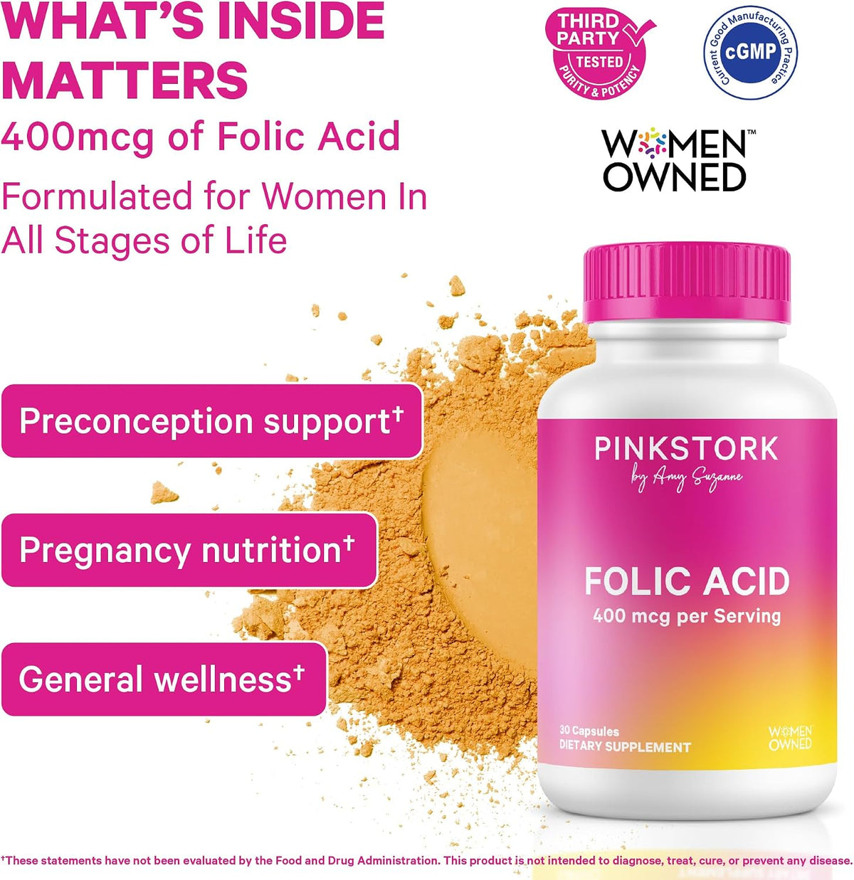 Pink Stork Folic Acid Supplement for Women – 400mcg, 30 Capsules | Daily Vitamin B9, Prenatal & Fertility Support, Supports Red Blood Cell Formation & Energy, Vegetarian - görsel 2