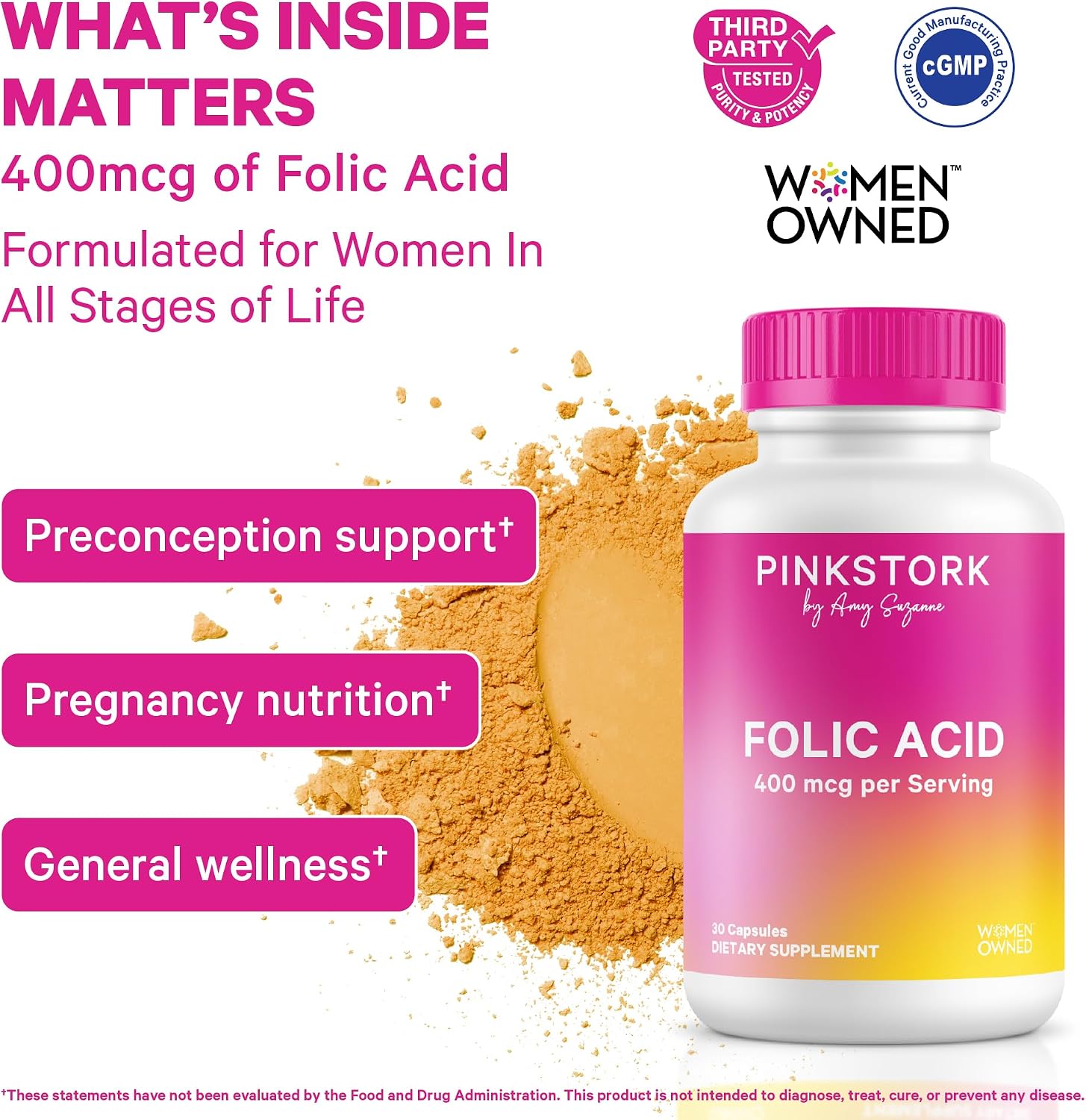 Pink Stork Folic Acid Supplement for Women – 400mcg, 30 Capsules | Daily Vitamin B9, Prenatal & Fertility Support, Supports Red Blood Cell Formation & Energy, Vegetarian - görsel 2