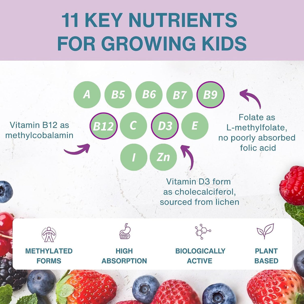 Igennus Methylated Kids Multivitamin Gummies, Age 4+ (6 x 90 Gummies) – Sugar-Free Natural Berry Flavour - görsel 3