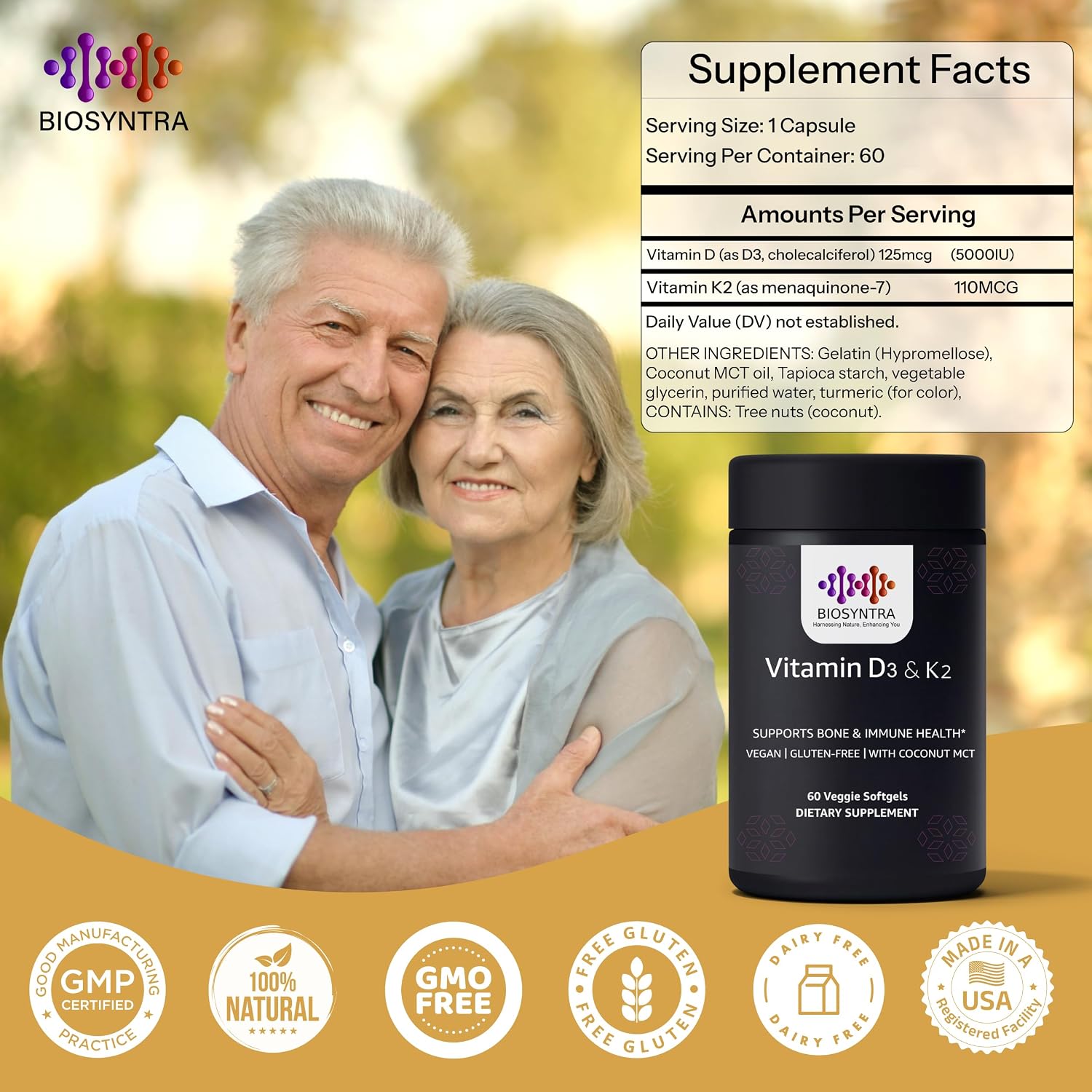 Biosyntra Vitamin D3+K2 with Coconut Oil - 5000 IU D3 & 110mcg MK-7 - Bone & Immune Support - 60 Veggie Soft gel capsules - görsel 8