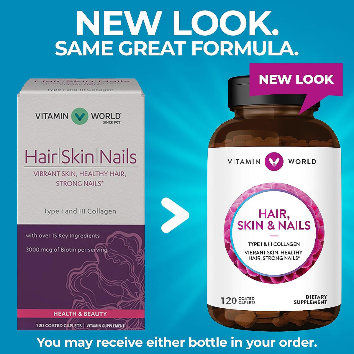 Vitamin World Hair, Skin and Nails Formula - 120 Caplets, Biotin 3000 mcg with Collagen - görsel 3