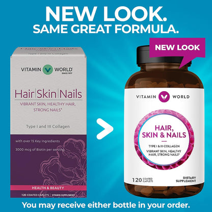 Vitamin World Hair, Skin and Nails Formula - 120 Caplets, Biotin 3000 mcg with Collagen