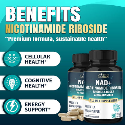 Organic Cadane Nicotinamide Riboside Food Supplement with Rhodiola Rosea, Ashwagandha & Green Tea – 60 Capsules