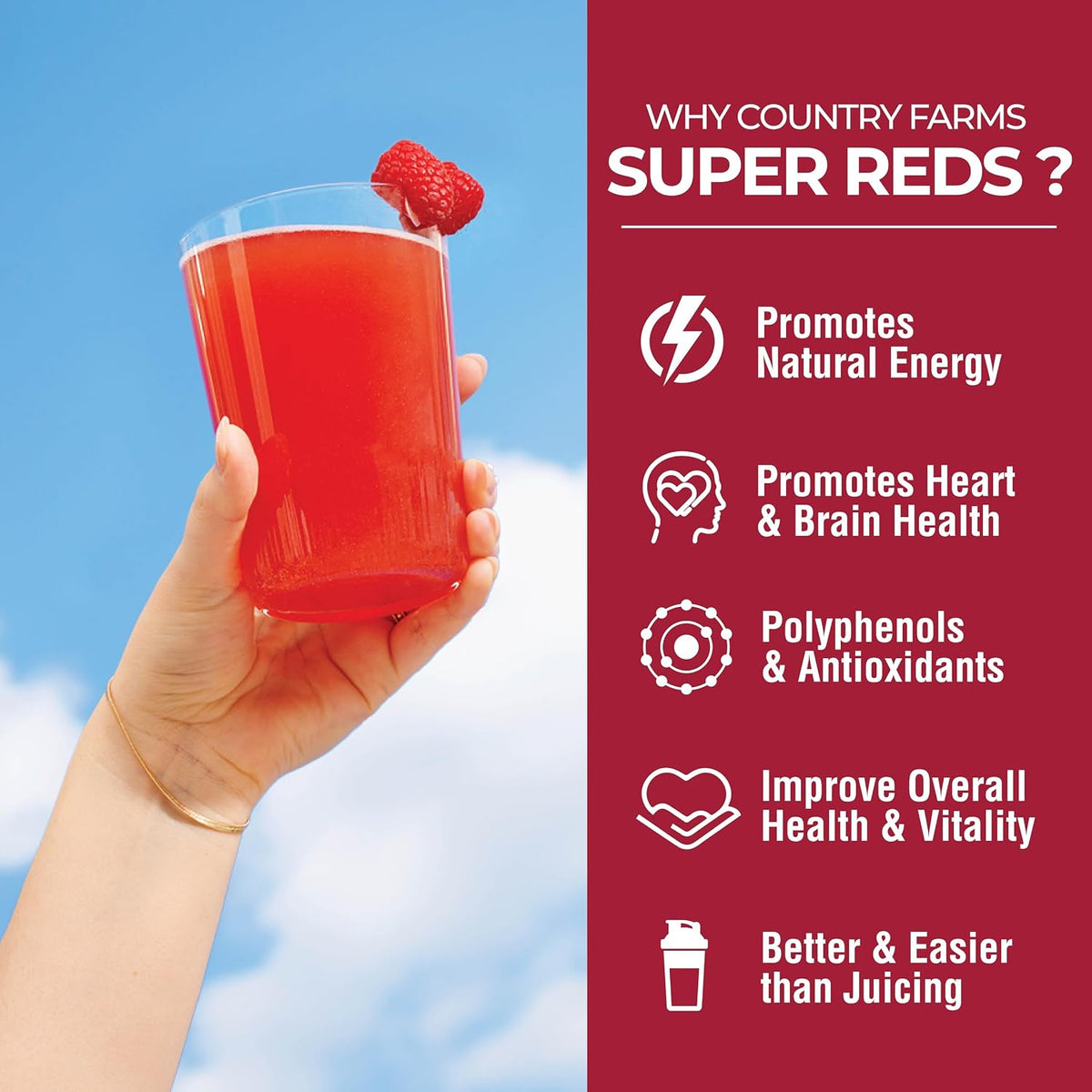 COUNTRY FARMS Super Reds, Energising Polyphenol Superfood, 48 Super Fruits and Berries, Powerful Antioxidants and Polyphenols, Supports Energy, 20 Servings, Mixed Berry Flavour - görsel 4