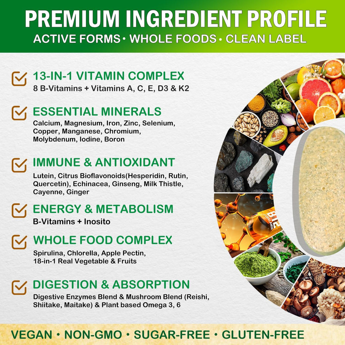 Vegan Whole Food Multivitamin with Iron – Daily Multivitamin for Men and Women, Methylated B-Complex, Non-GMO, 90 Tablets - görsel 4