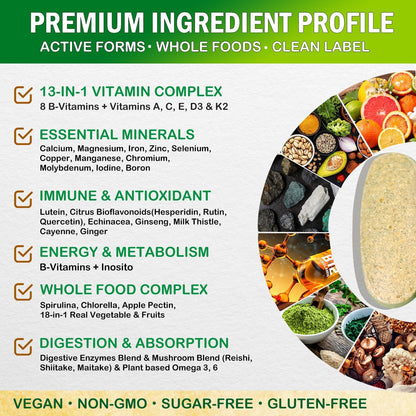Vegan Whole Food Multivitamin with Iron – Daily Multivitamin for Men and Women, Methylated B-Complex, Non-GMO, 90 Tablets