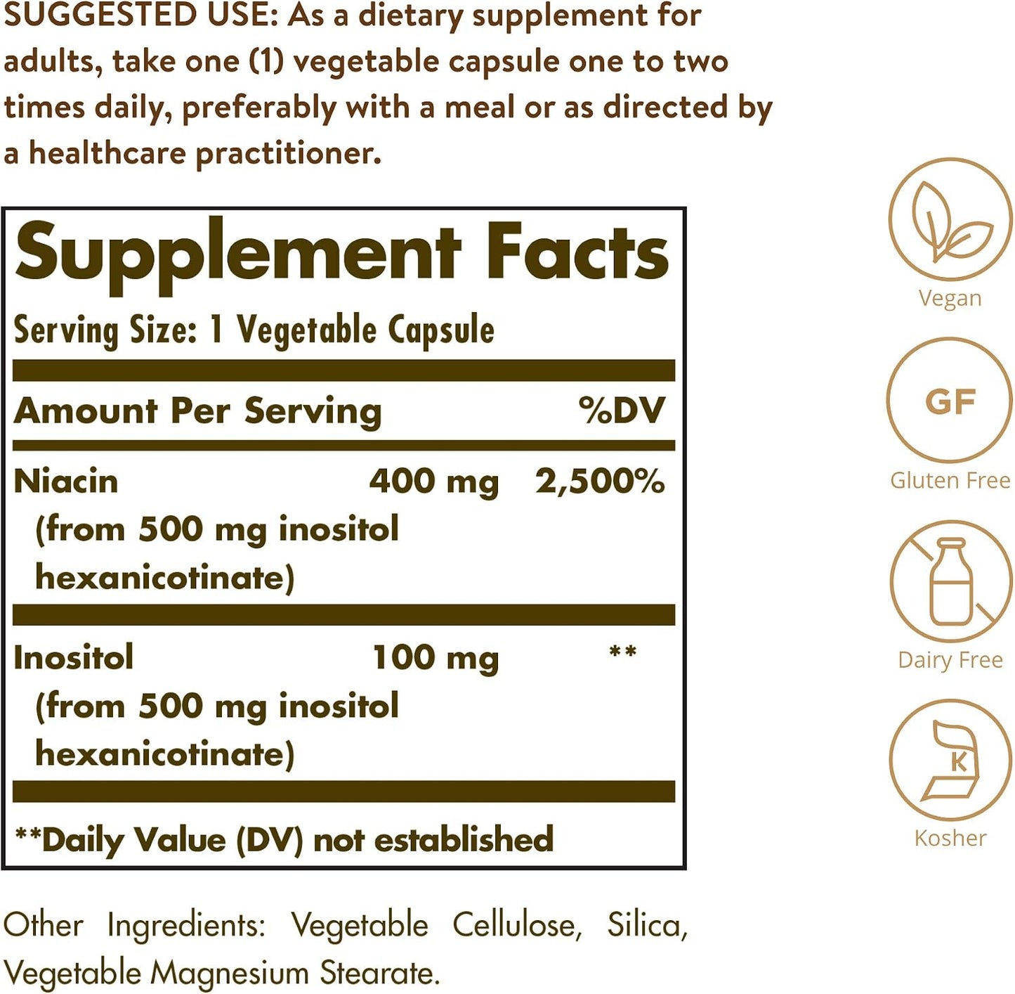 Solgar No-Flush Niacin 500 mg, 250 Vegetable Capsules - görsel 2