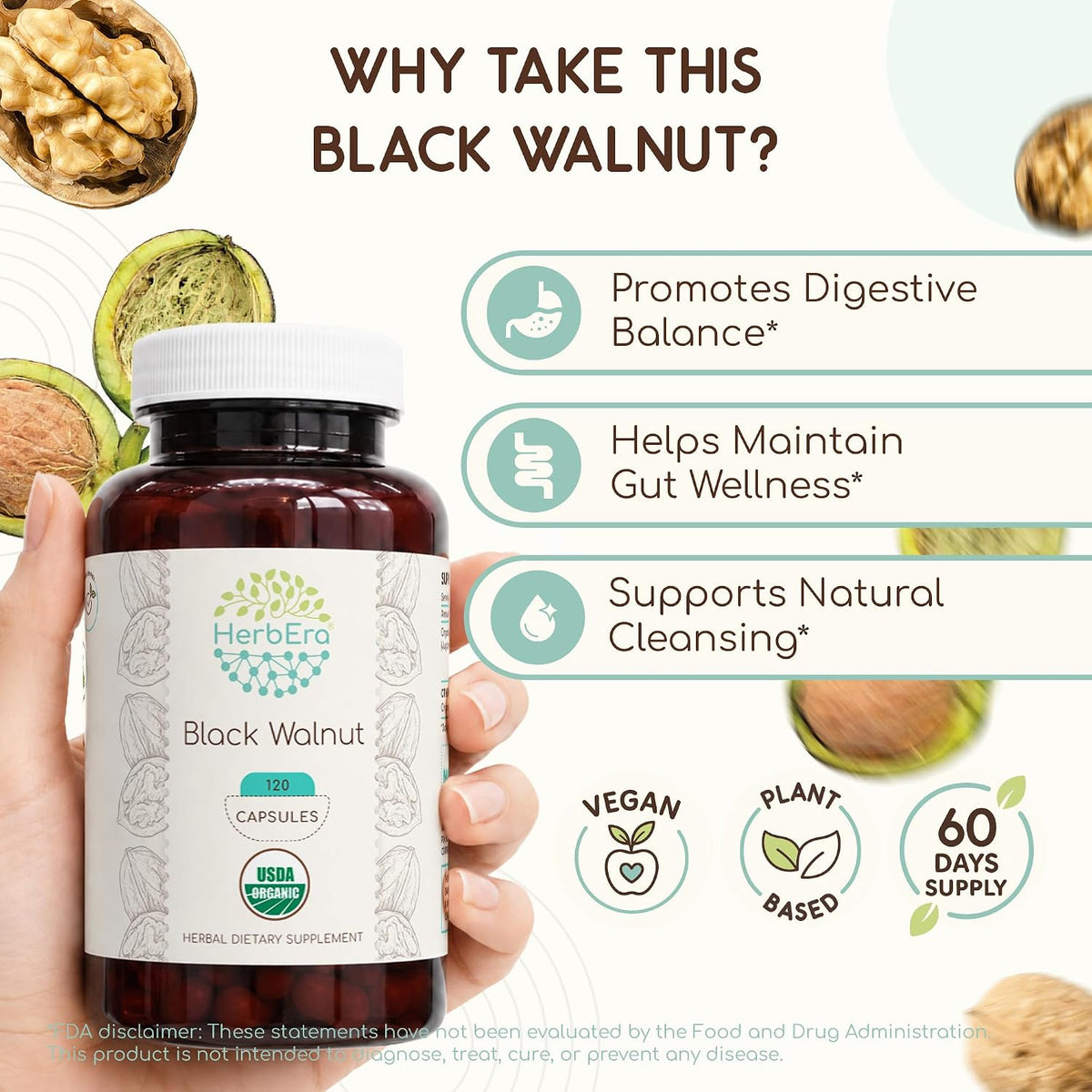 HerbEra Black Walnut 500 mg - USDA Organic Vegan Capsules, Digestive Health & Antioxidant Support (120 Capsules) - görsel 2