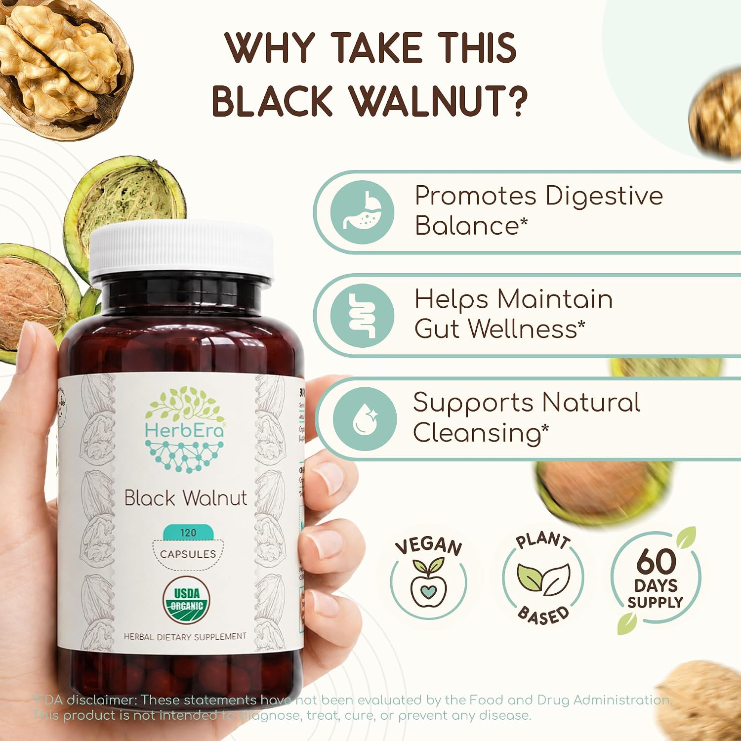 HerbEra Black Walnut 500 mg - USDA Organic Vegan Capsules, Digestive Health & Antioxidant Support (120 Capsules) - görsel 2