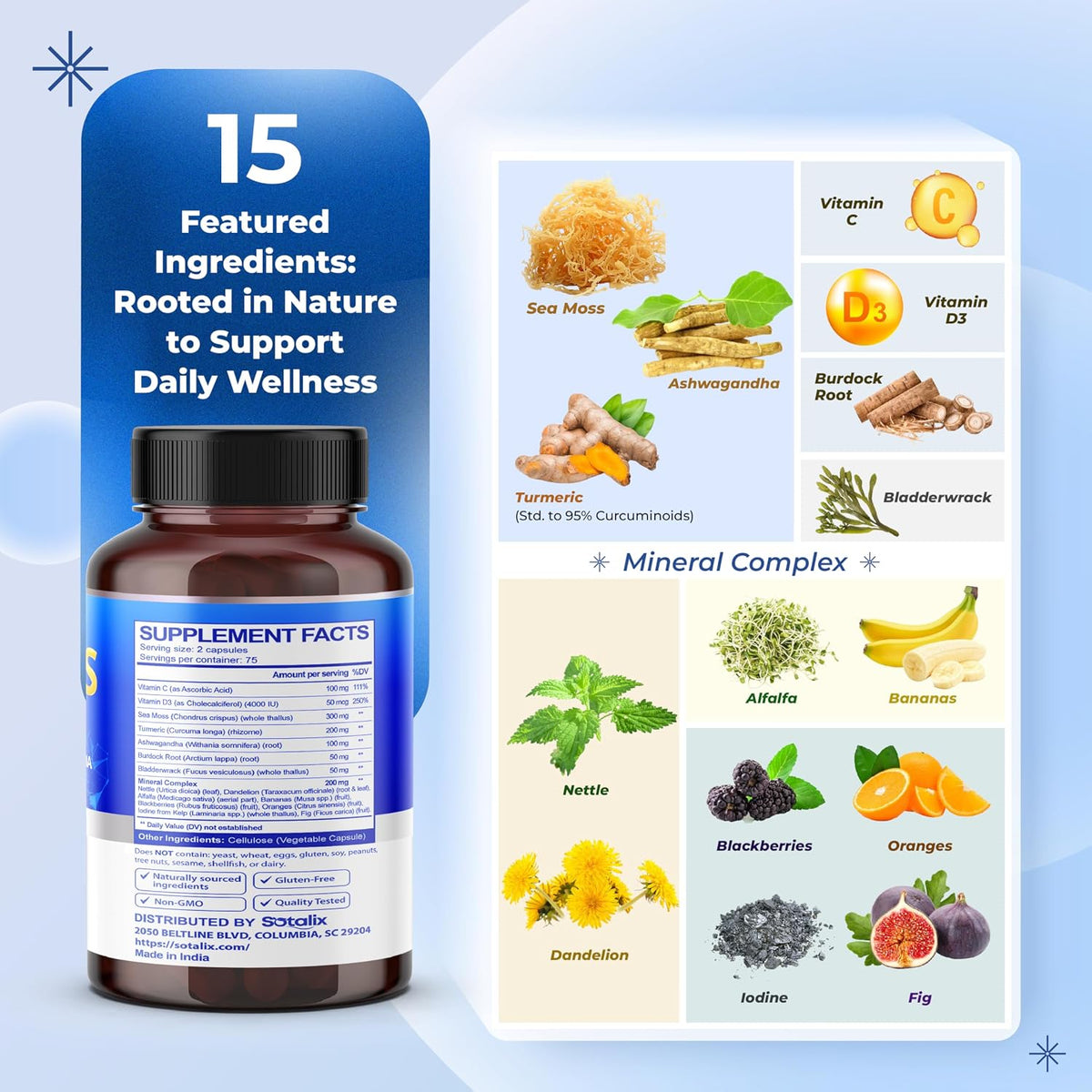 Sotalix Sea Moss Capsule with Ashwagandha, Burdock Root, Bladderwrack, Turmeric - 150 Count - görsel 4