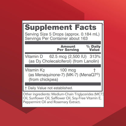 Protocol for Life Balance Liquid D3 and MK-7, 2500 IU Vitamin D3 & 100 mcg Vitamin K2, Bone and Cardiovascular Support, 30 ml