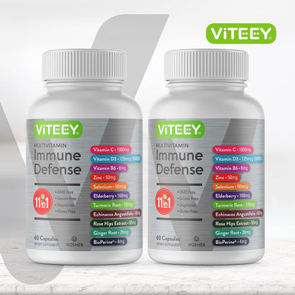 Viteey 11-in-1 Immune Support Supplement - Immune Defence with Vitamin D3, C, Zinc, Elderberry, and BioPerine (120 Capsules)