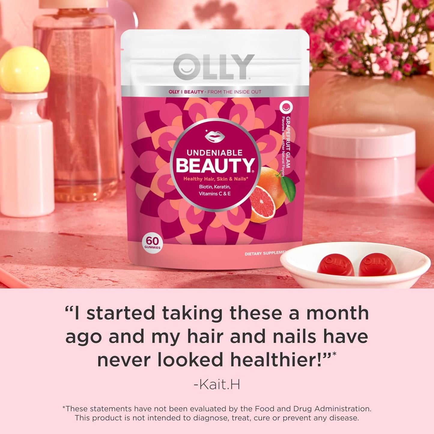 OLLY Undeniable Beauty Gummy – Biotin, Vitamin C & Keratin for Hair, Skin & Nails, Grapefruit, 60 Gummies - görsel 6