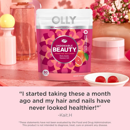 OLLY Undeniable Beauty Gummy – Biotin, Vitamin C & Keratin for Hair, Skin & Nails, Grapefruit, 60 Gummies