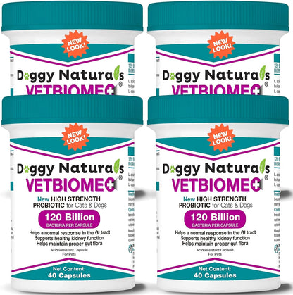 Vetbiome Plus High Strength Probiotics for Pets (160 Capsules) - 120 Billion CFU, 9-Strain Formula – Third-Party Tested – Made in USA