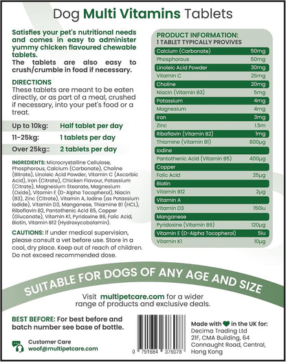 Dog Multivitamin 22-in-1 – Dog Vitamins and Supplements with Calcium, Zinc, Iron & Full B-Complex | Immune, Skin & Coat, Bone & Joint Support | Chicken Flavour Tablets | UK GMP | 120 Ct