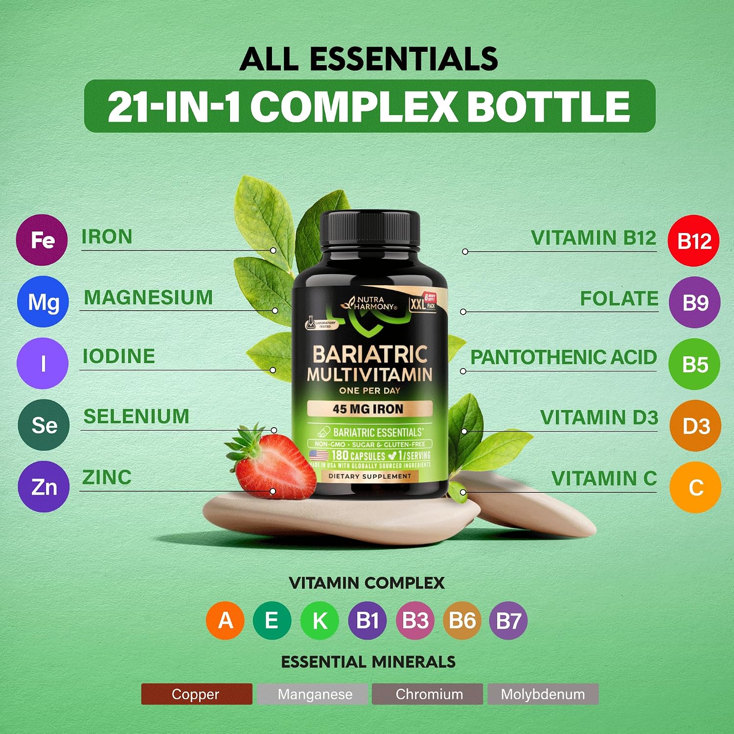 Bariatric Multivitamin - 45 mg Iron Supplements - Lab Tested - for Women & Men - All-in-One, 21 Essential Vitamins - Gastric Sleeve Support - Free of Sugar, Gluten & Soya - 180 Capsules, Once Daily - görsel 5