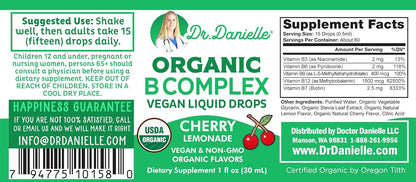 Organic Vitamin B Complex Liquid Drops | B Vitamins Complex with Methyl B12 for Adults & Kids | Vegan Cherry Flavour 30ml