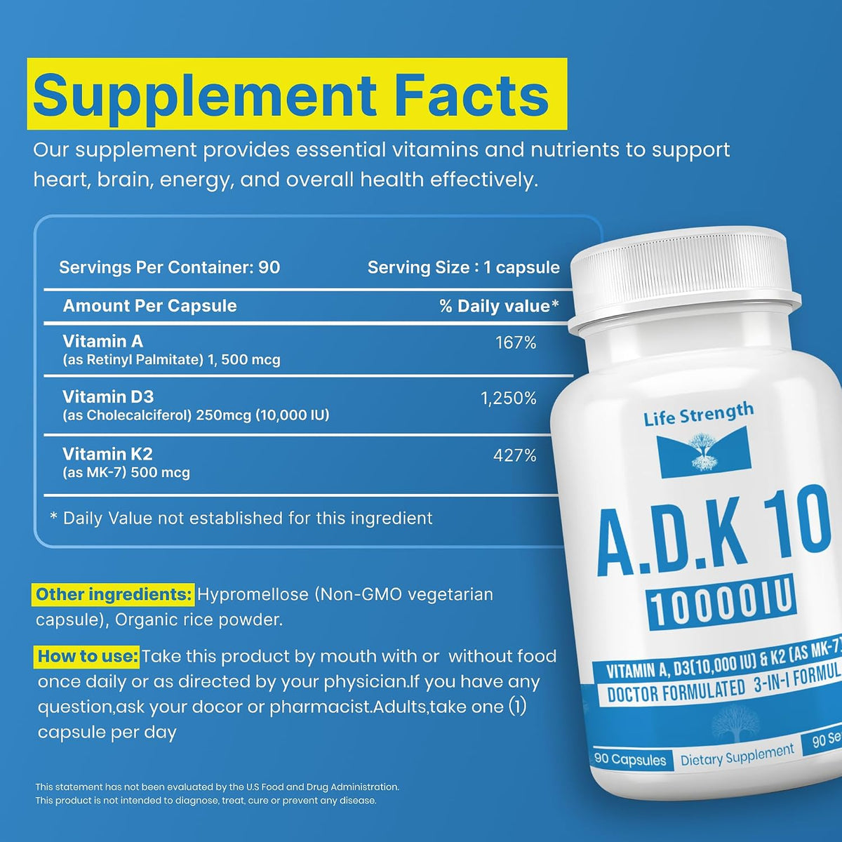 LifeStrength ADK 10 - Vitamin A, D3 (10,000 IU) & K2 (MK-7) Supplement - 90 Capsules - görsel 2