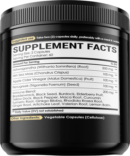 NUQIIT Organic Ashwagandha Capsules with Irish Sea Moss Apple Cider Vinegar & More - 120 Vegan Capsules