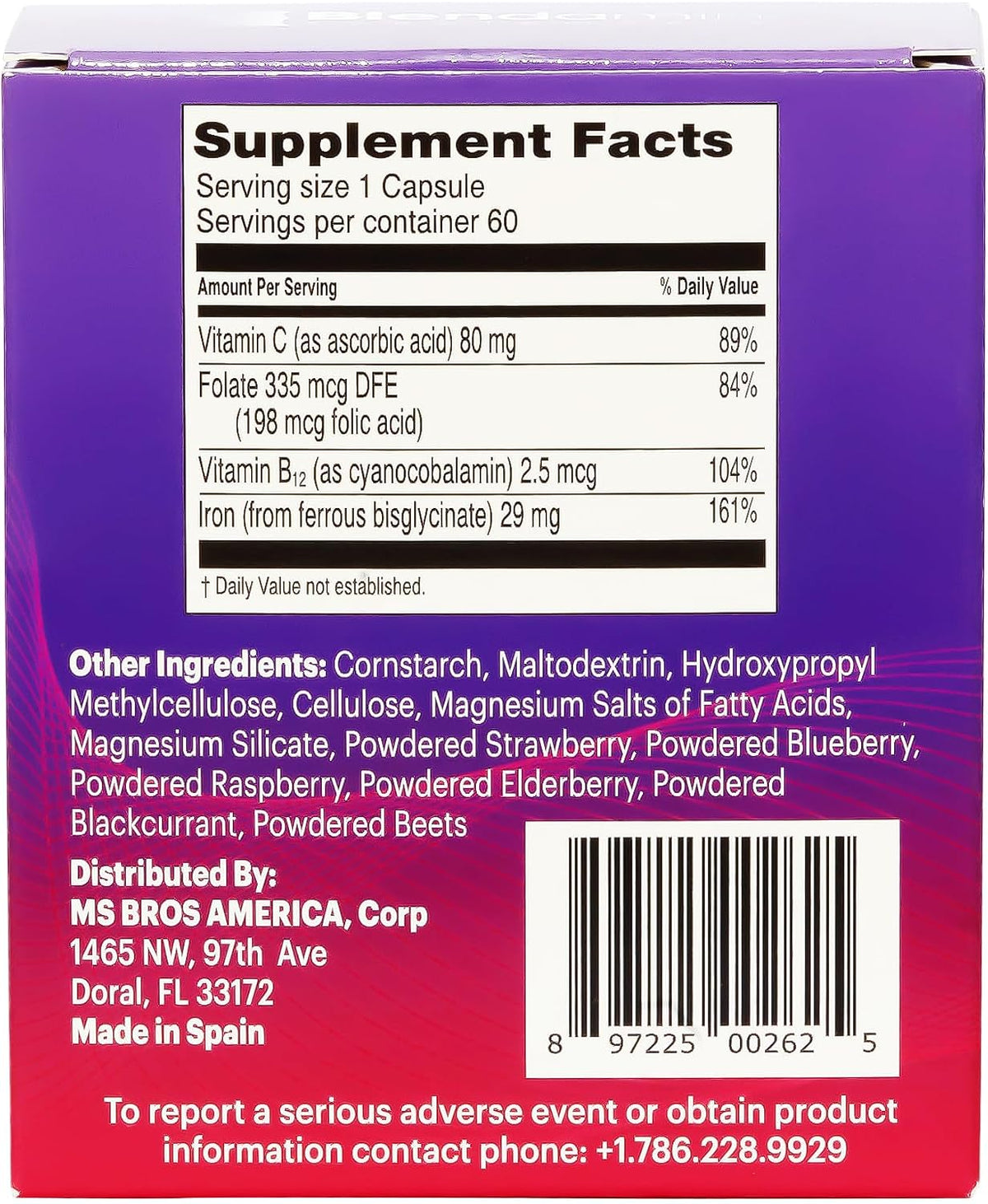 Blendamin Iron Ferrous Bisglycinate with Vitamins B12, Folic Acid & Vitamin C - 60 Capsules - görsel 2