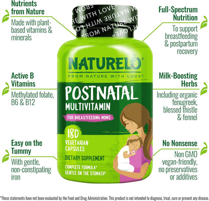 NATURELO Postnatal Multivitamin - Supplement for Breastfeeding Women - Plant-Based Vitamin D, Folate, Gentle Iron - 180 Capsules (Pack of 2)