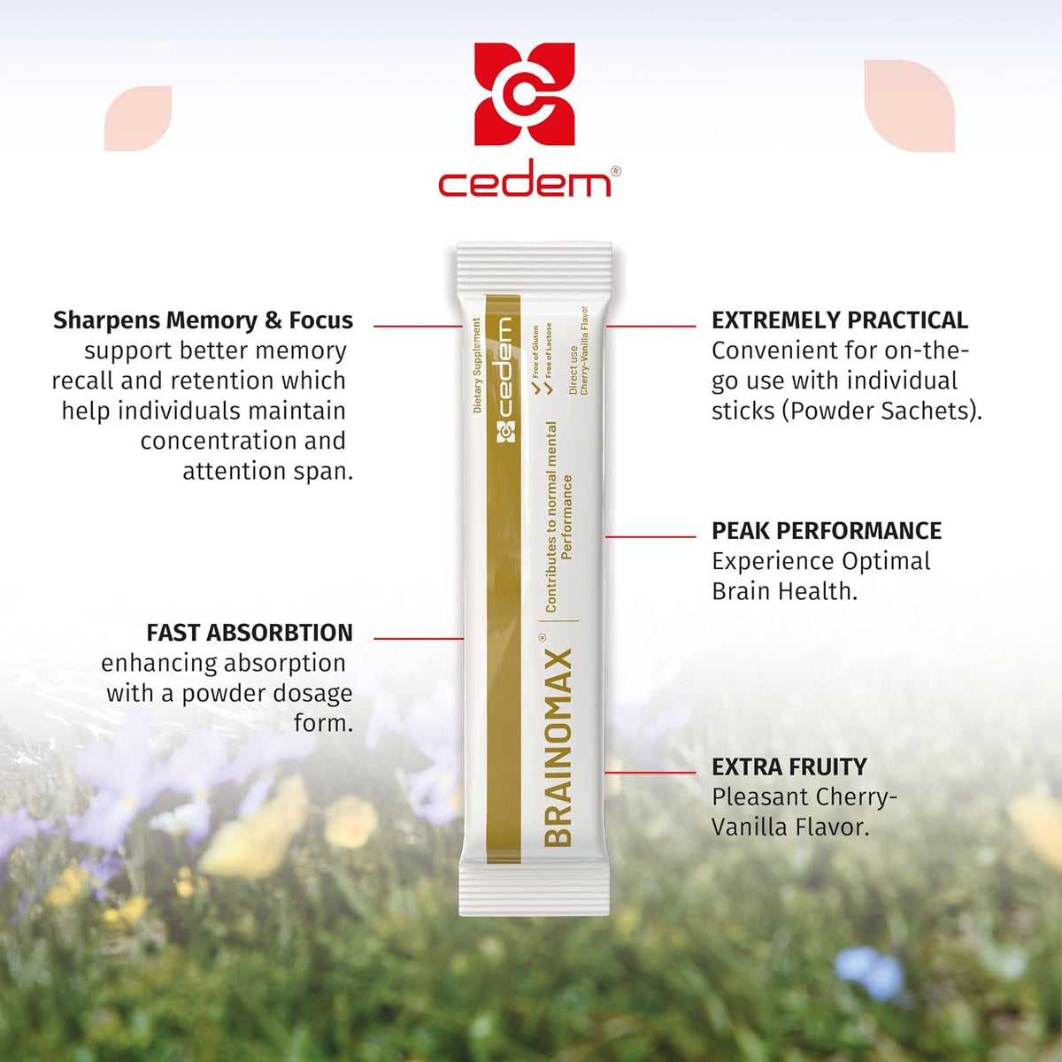 CEDEM Switzerland BRAINOMAX 20 Powder Sticks, Brain Booster Supplement, Cherry-Vanilla Flavour with Citicoline, N-Acetyl-L-Carnitine, Nootropic Brain Supplements for Memory and Focus, Cognitive Support - görsel 7