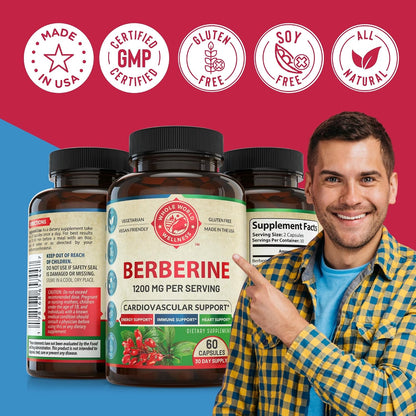 1200mg Berberine Herbal Health Capsules – Heart & Cardiovascular Support, 60 Capsules