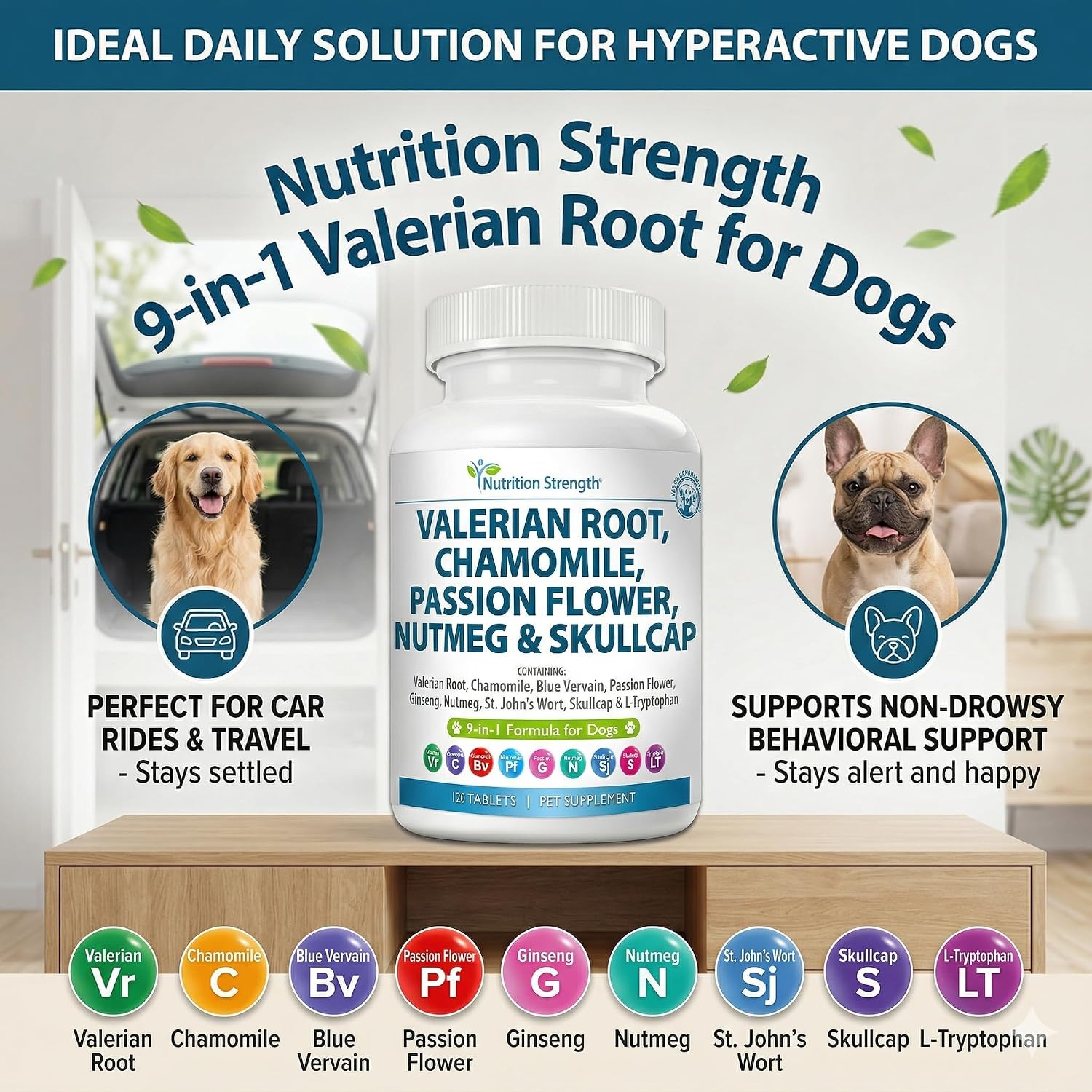 Nutrition Strength 9-in-1 Valerian Root for Dogs 200mg, Chamomile 160mg, Blue Vervain, Passion Flower, Ginseng, Nutmeg, St John's Wort, L-Tryptophan for Dog Stress Relief & Calming, 120 Tablets - görsel 7