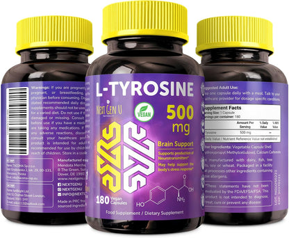 L-Tyrosine 500 mg, 120 Vegan Capsules - Mood and Brain Support by NextGenU