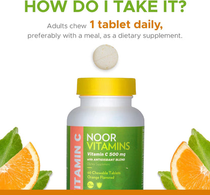 Noor Vitamins Vitamin C 500mg Chewable Tablets with Rose Hips – Orange Flavour, 60 Count