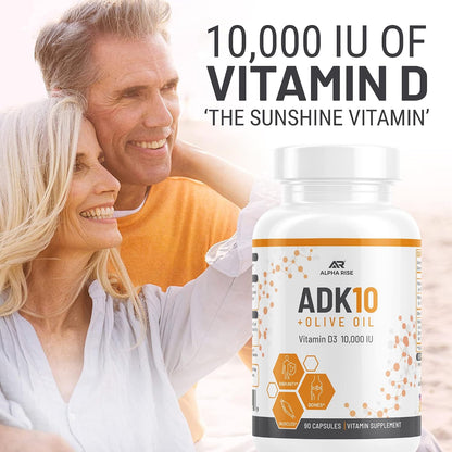 ALPHA RISE ADK 10 Vitamin Supplement + Olive Oil – Vitamins A, D3 (10,000 IU), K2 (MK7+MK4) – 90 Capsules