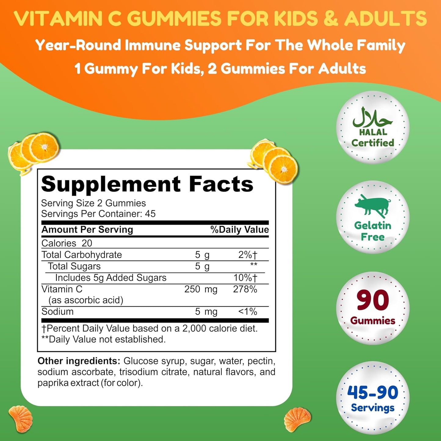 SHIFAA NUTRITION Vegan Vitamin C Gummies - 90 Gummies, 250mg 45 Servings - Non-GMO, Gluten-Free, Immune Support for Kids & Adults - görsel 2