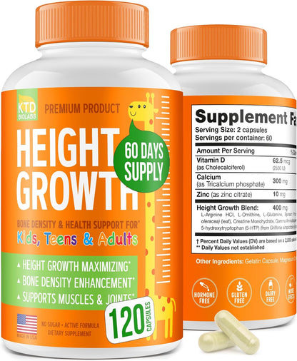 Kids Height Growth Support Capsules – Daily Development Formula with Calcium, Vitamin D3 & Zinc – Bone & Nutrition Support for Children & Teens – Amino Blend – 60 Capsules