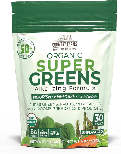 Country Farms Super Greens Natural Flavour – Organic Superfood Powder with Fibre, Mushrooms & Probiotics (60 Servings, 900g)