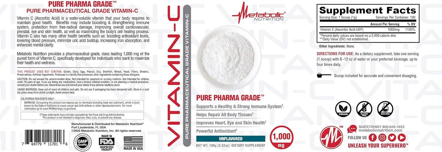 Metabolic Nutrition Vitamin C, 1000mg, Pure Pharma Grade, High Absorption Ascorbic Acid (100 g) - görsel 4