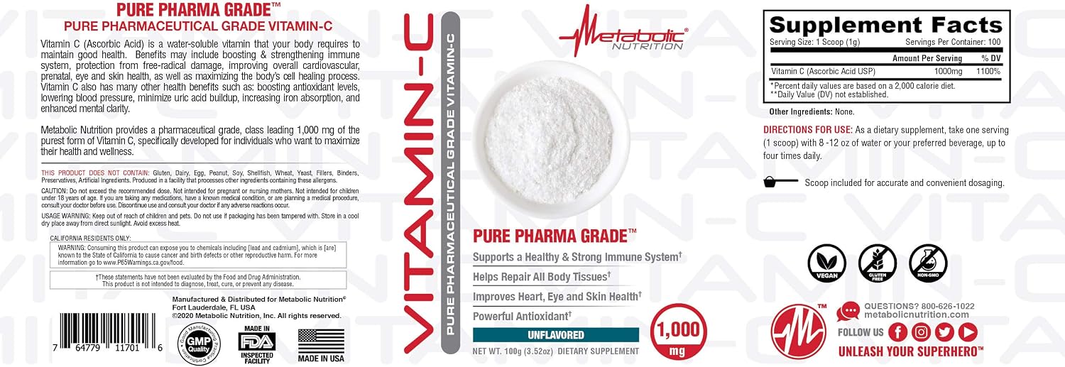 Metabolic Nutrition Vitamin C, 1000mg, Pure Pharma Grade, High Absorption Ascorbic Acid (100 g) - görsel 4