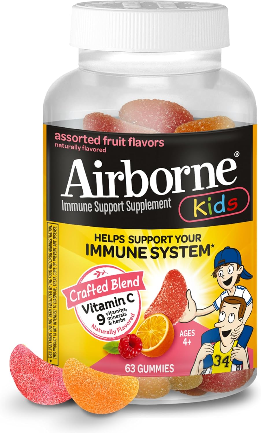 Airborne Kids 500mg Vitamin C Gummies with Zinc and Vitamin E - Immune Support Chewable Gummies - 63 Assorted Fruit Flavours - görsel 1