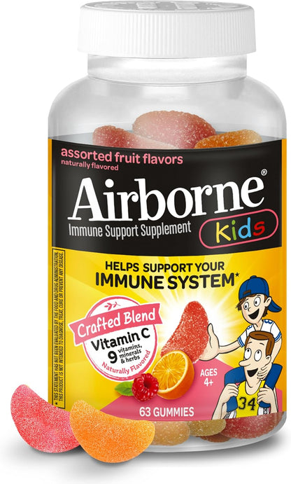 Airborne Kids 500mg Vitamin C Gummies with Zinc and Vitamin E - Immune Support Chewable Gummies - 63 Assorted Fruit Flavours
