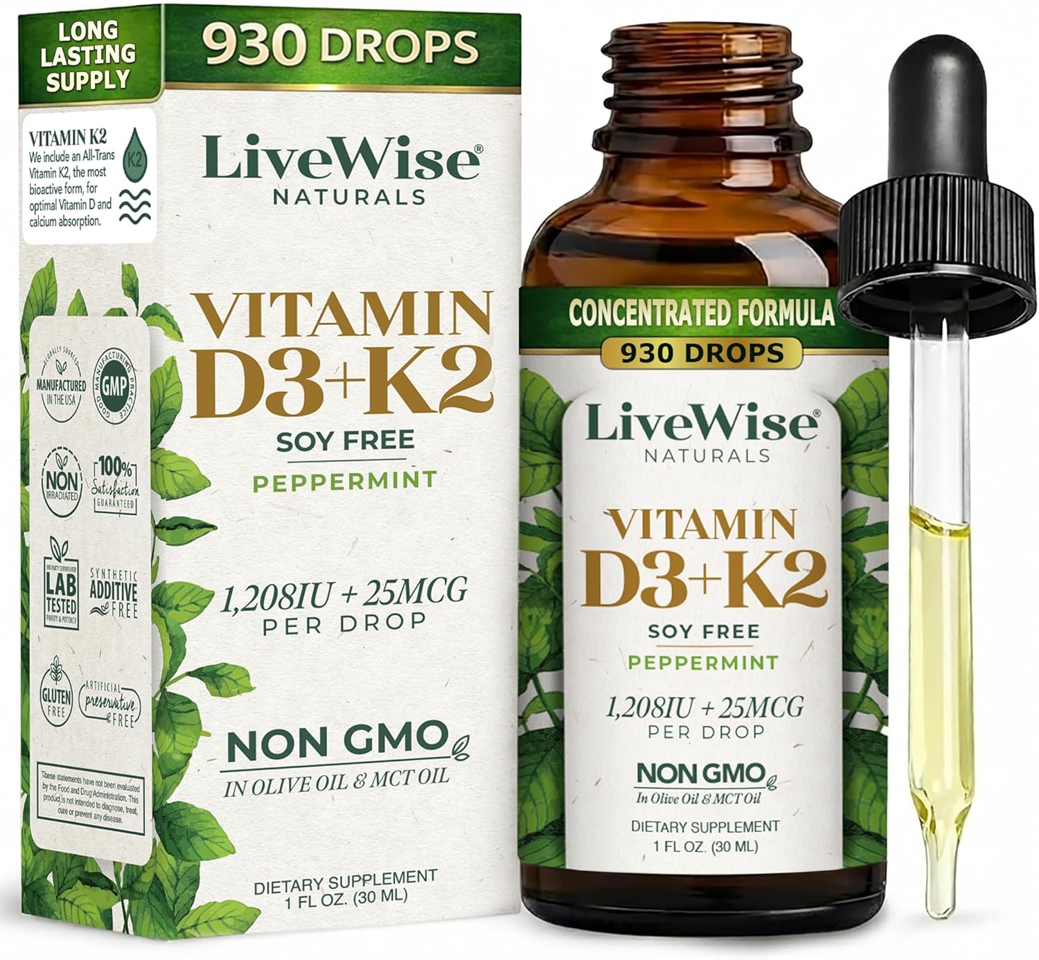 Live Wise Naturals Vitamin D3 K2 (MK-7) Peppermint Drops - 930 Drops, 1208 IU D3, 25 mcg K2 - görsel 1