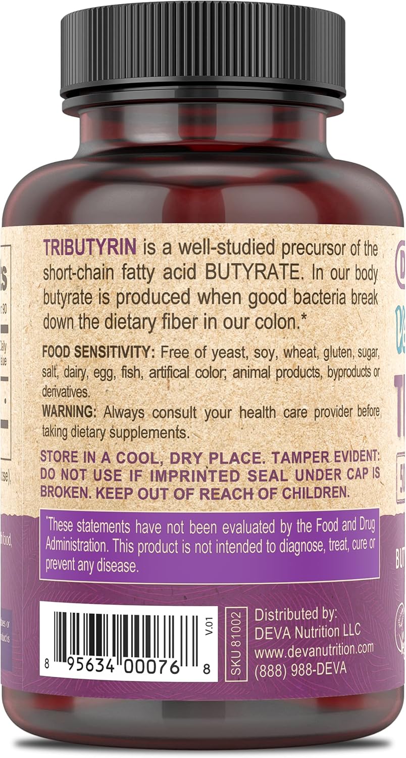 DEVA Vegan Tributyrin Supplement - Butyrate Precursor, Gut Barrier Support, 500 mg, 90 Vegan Capsules - görsel 2