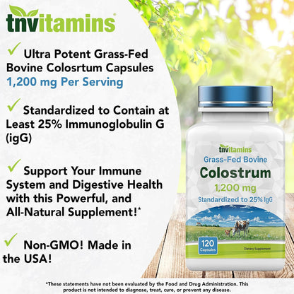 Colostrum Supplement 1,200 mg per serving, 120 Capsules | Standardised to 25% IgG | Grass-Fed Bovine Colostrum Powder Capsules | Immune Support | Non-GMO, Made in the USA!