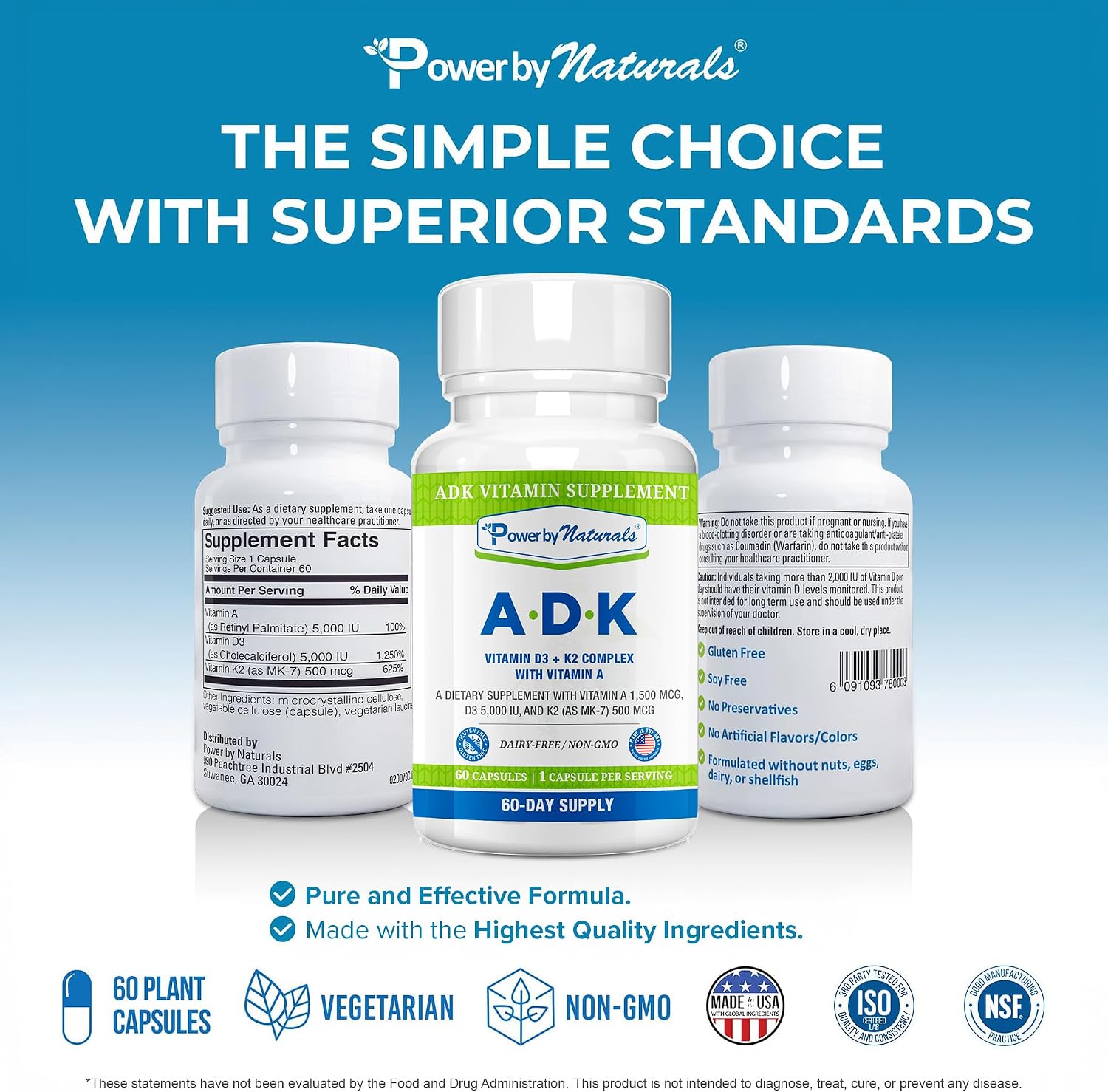 Power By Naturals ADK Vitamin Supplement – Vitamins A, D3 & K2 MK-7 for Bone Health & Calcium Absorption – 120 Capsules (Pack of 2) - görsel 4
