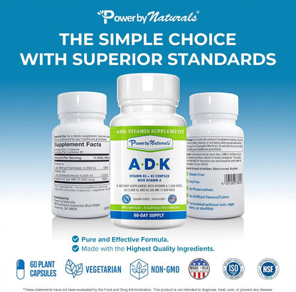 Power By Naturals ADK Vitamin Supplement – Vitamins A, D3 & K2 MK-7 for Bone Health & Calcium Absorption – 120 Capsules (Pack of 2)