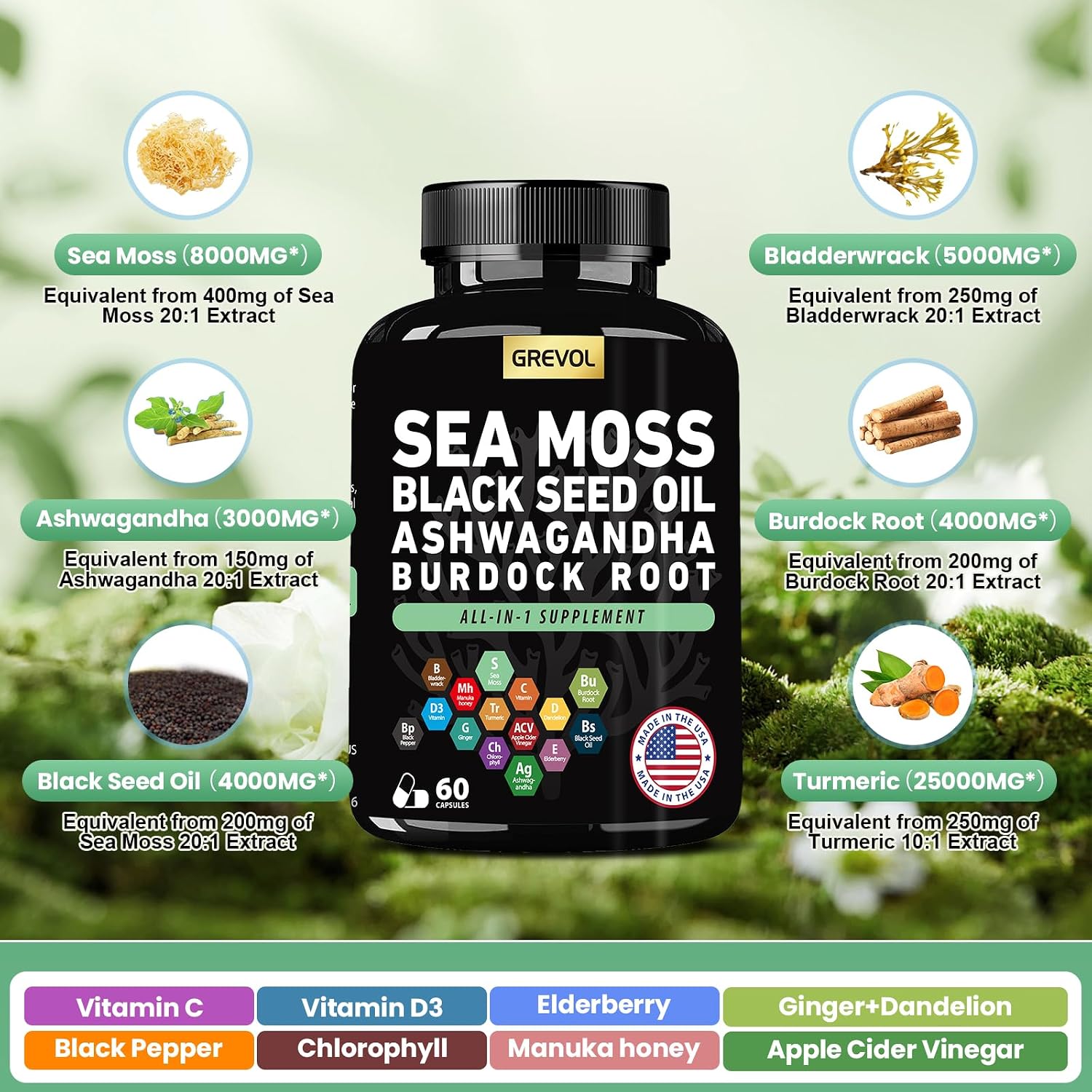 Sea Moss Black Seed Oil Ashwagandha Bladderwrack Burdock Root Turmeric & Vitamin C D3 Elderberry ACV Black Pepper - Multimineral Supplement - 60 Capsules - görsel 3