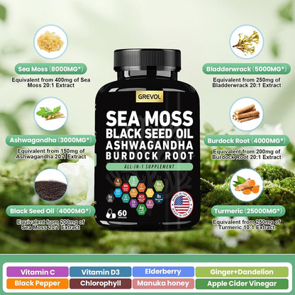 Sea Moss Black Seed Oil Ashwagandha Bladderwrack Burdock Root Turmeric & Vitamin C D3 Elderberry ACV Black Pepper - Multimineral Supplement - 60 Capsules